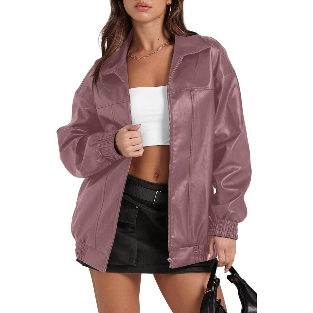 🆕Women Pink Faux Leather Oversized Motorcycle Bomber Jacket Coat